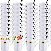 Bokon 100 Pcs Plastic Coffee Tea Cups Reusable 8 oz White Coffee Mugs Bulk with Handle and Spoon with Gold Rim Espresso Cup for Tea Cafe Milk Dessert Shop
