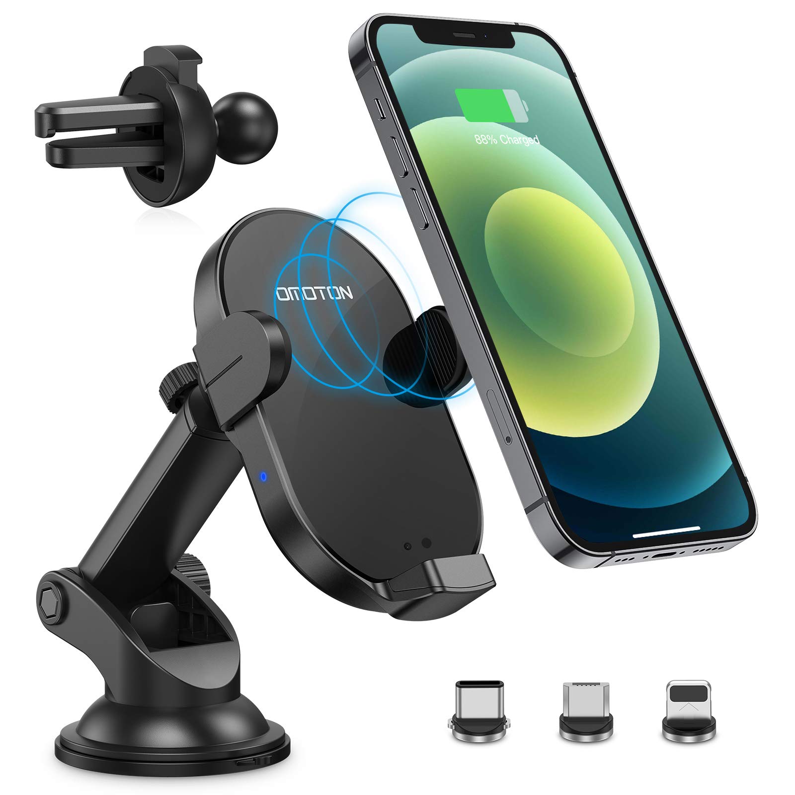 Wireless Car Charger, OMOTON Phone Holder Induction Charger 15W/10W/7.5W/5W for iPhone/Samsung/Huawei/Xiaomi etc, Magnetic Charging with 3 Magnetic Adapters and Ventilation Clip