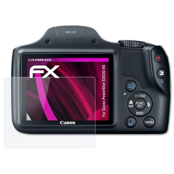 atFoliX Glasfolie kompatibel mit Canon PowerShot SX530 HS Panzerfolie, 9H Hybrid-Glass FX Schutzpanzer Folie