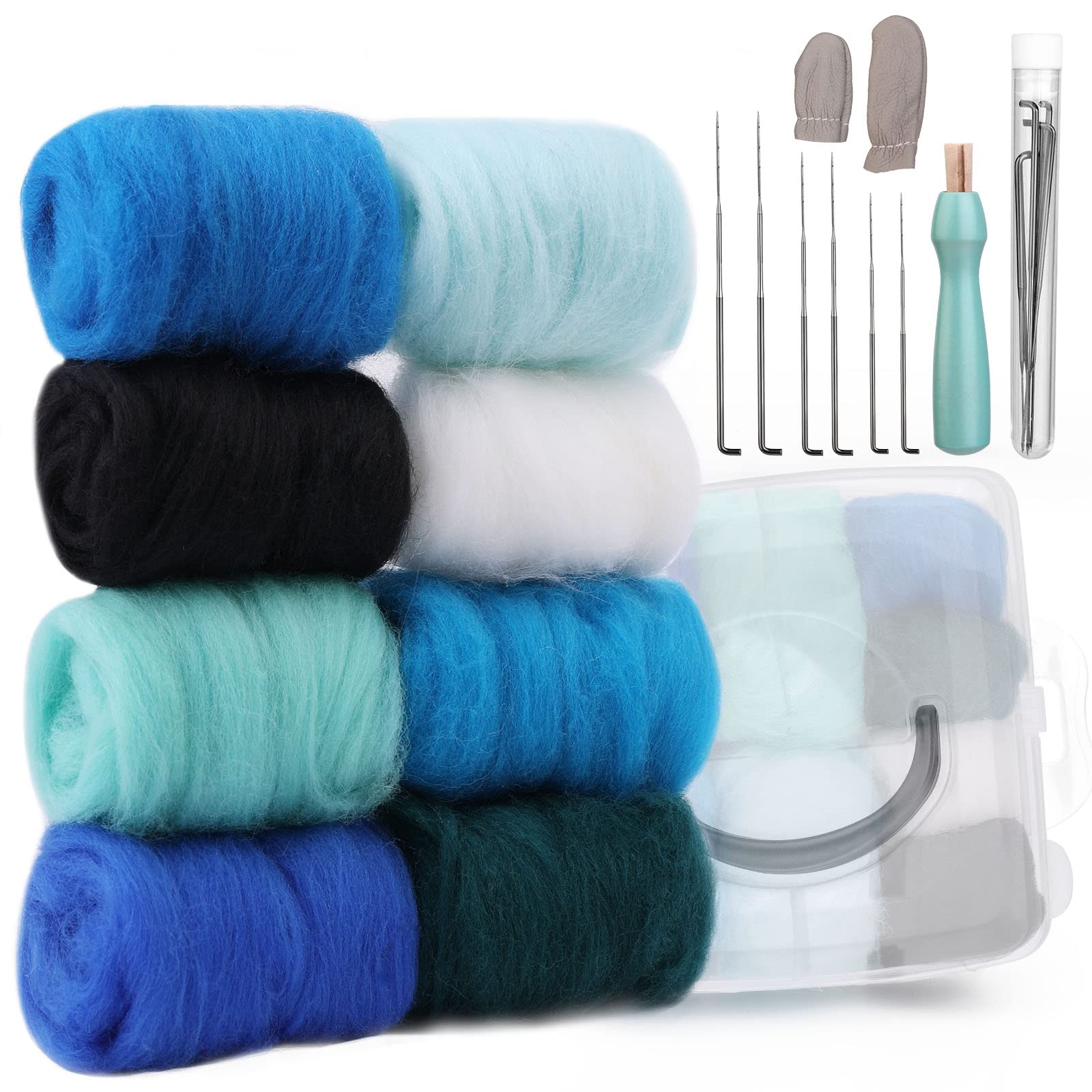 Zlulary Needle Felting Kit, Needle Felting Starter Kit, Wool Roving for Needle Felting, Fibre Wool Yarn Roving with Storage Box, Wool Felt Tools with Felting Needle (Blue)