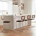 GrandNoor Natural Rattan Counter Height Stools Set of 4 with Solid Wood Back, 29 Inch Mid Century Modern Cesca Bar Stools, Brown Upholstery Boho Stools for Kitchen Counter with Chrome Metal Legs