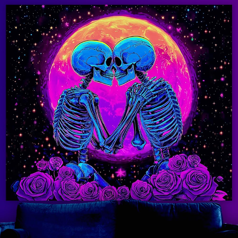 WEBEEDY Glow in The Dark Skull Tapestry, UV Reactive Skeleton Lovers Moon Rose Tapestry, Wall Hanging Decor for Bedroom, Living Room, Other, 130x150cm