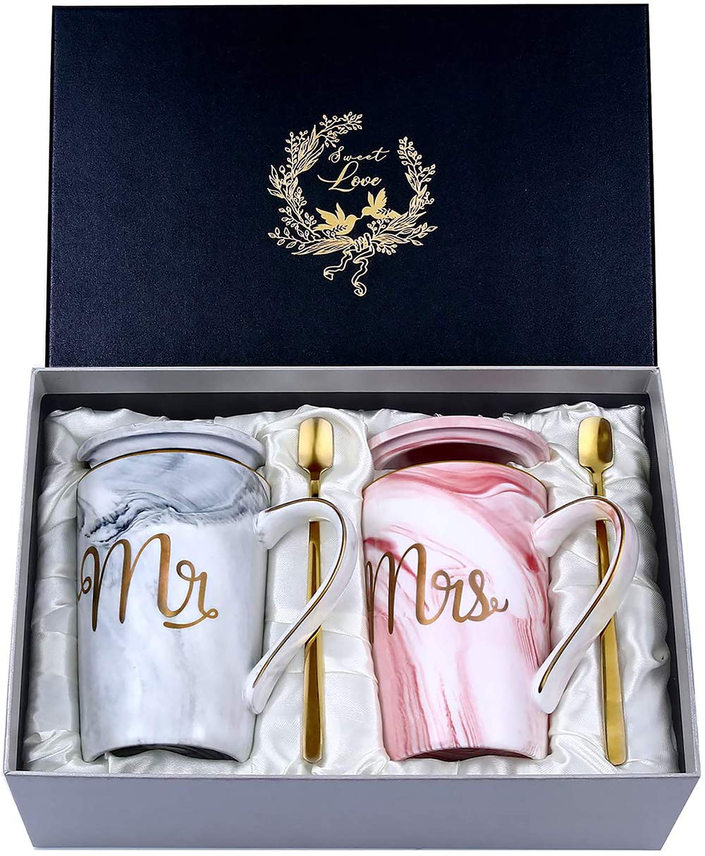 Doublewhale Wedding Gifts for Bride and Groom, Wedding Day Engagement Anniversary Couple Gifts for Him Her Newlyweds Mr and Mrs Coffee Cups Gift Set, 14oz Marble Ceramic Mugs for Wife and Husband