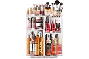 Auxmir Rotating Makeup Organizer, DIY 9 Adjustable Layers Spinning Skincare Organizer, Bathroom Organizer with Brush Holder Perfume Tray, Multi-Function Storage Carousel for Vanity Bathroom Countertop