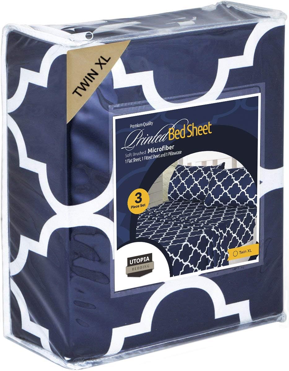 Utopia Bedding Printed Twin XL Sheet Set - 1 Fitted Sheet, 1 Flat Sheet and 1 Pillowcase - Soft Brushed Microfiber Fabric - Shrinkage and Fade Resistant (Twin XL, Navy Quatrefoil with White Pattern): Kitchen & Dining