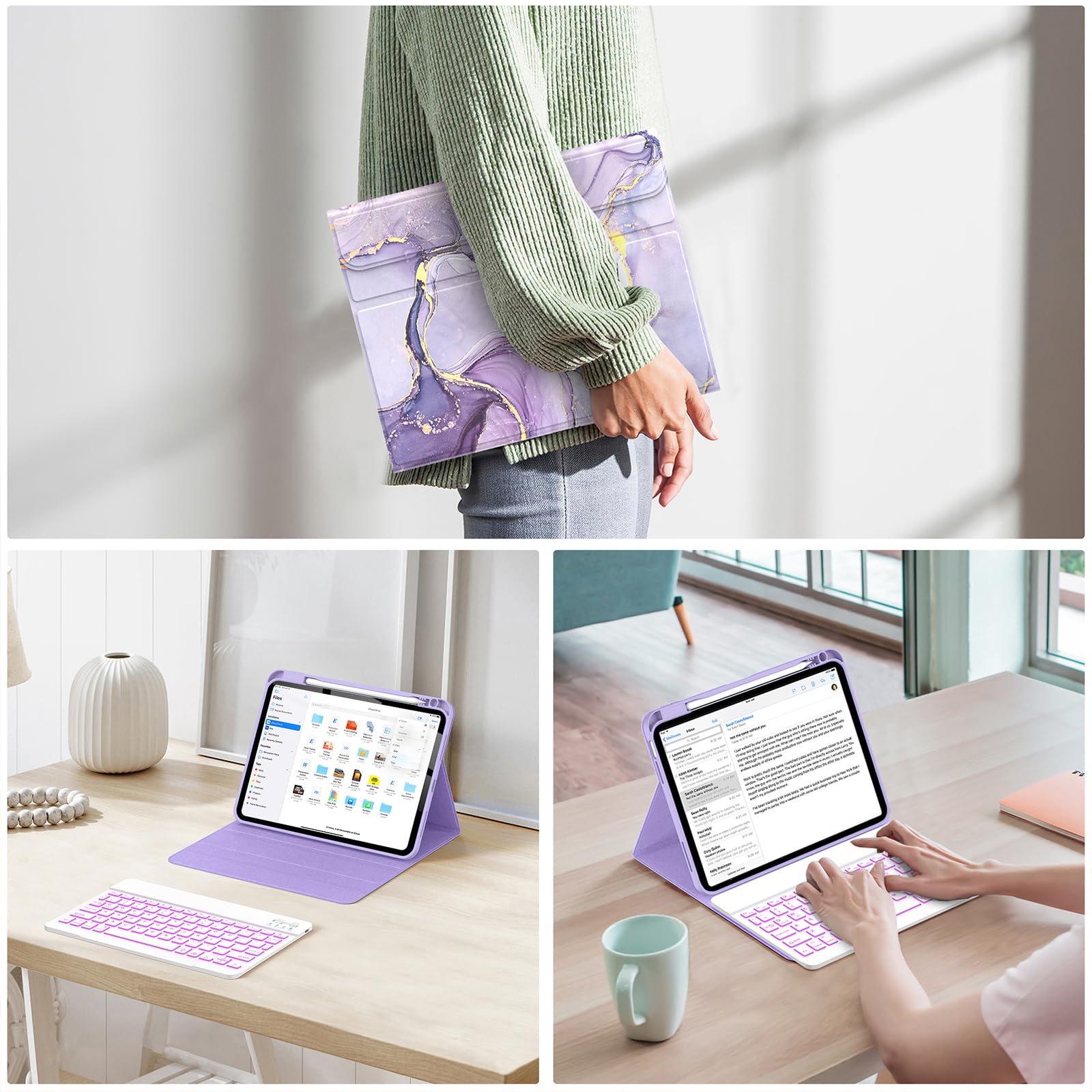Soke for iPad (A16) 11th/10th Generation Case with Keyboard(2025/2022)-7 Color Backlight Wireless Detachable Folio Keyboard Cover with Built-in Pencil Holder for iPad 11/10.9 inch, Violet Marble