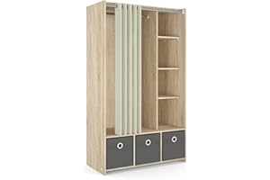 Tvilum Lola 3 Bin Curtain Storage Center, Oak Structure/Natural Fabric/Grey Textile
