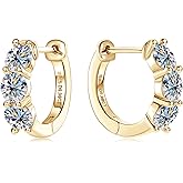 PROSTORY Moissanite Hoop Earrings, 1.2cttw D Color VVS1 Clarity 925 Sterling Silver 3 Stone Huggies Earring for Women and Men Birthday Wedding Jewelry Gifts (Gold)