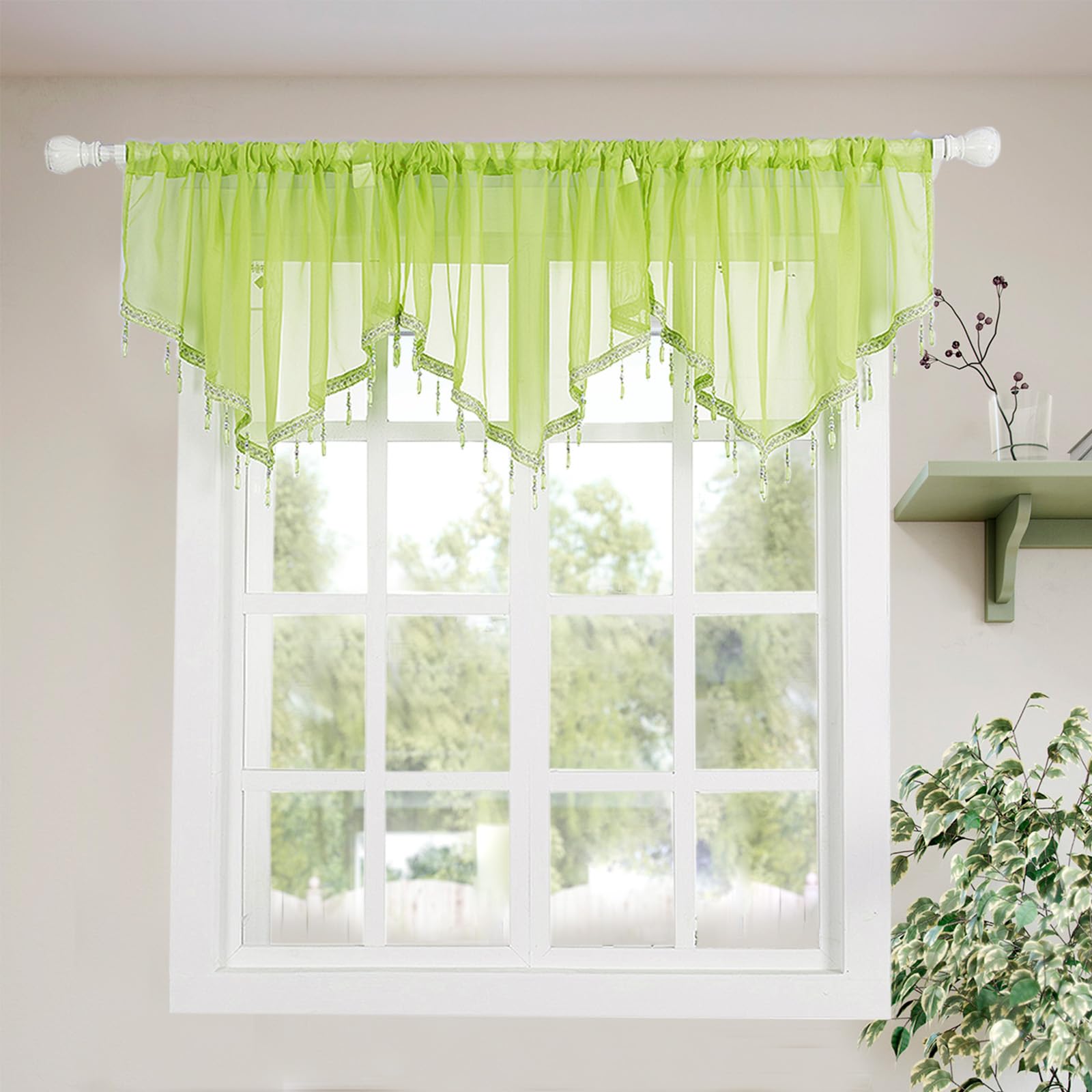 Molaxhome Lace Valance Swag Curtain 51 Inch Scalloped Sheer Curtain Panels with Crystal Beads - Rod Pocket Farmhouse Window Treatment for Kitchen Bedroom 1pc Boho Chic Drape Decor green