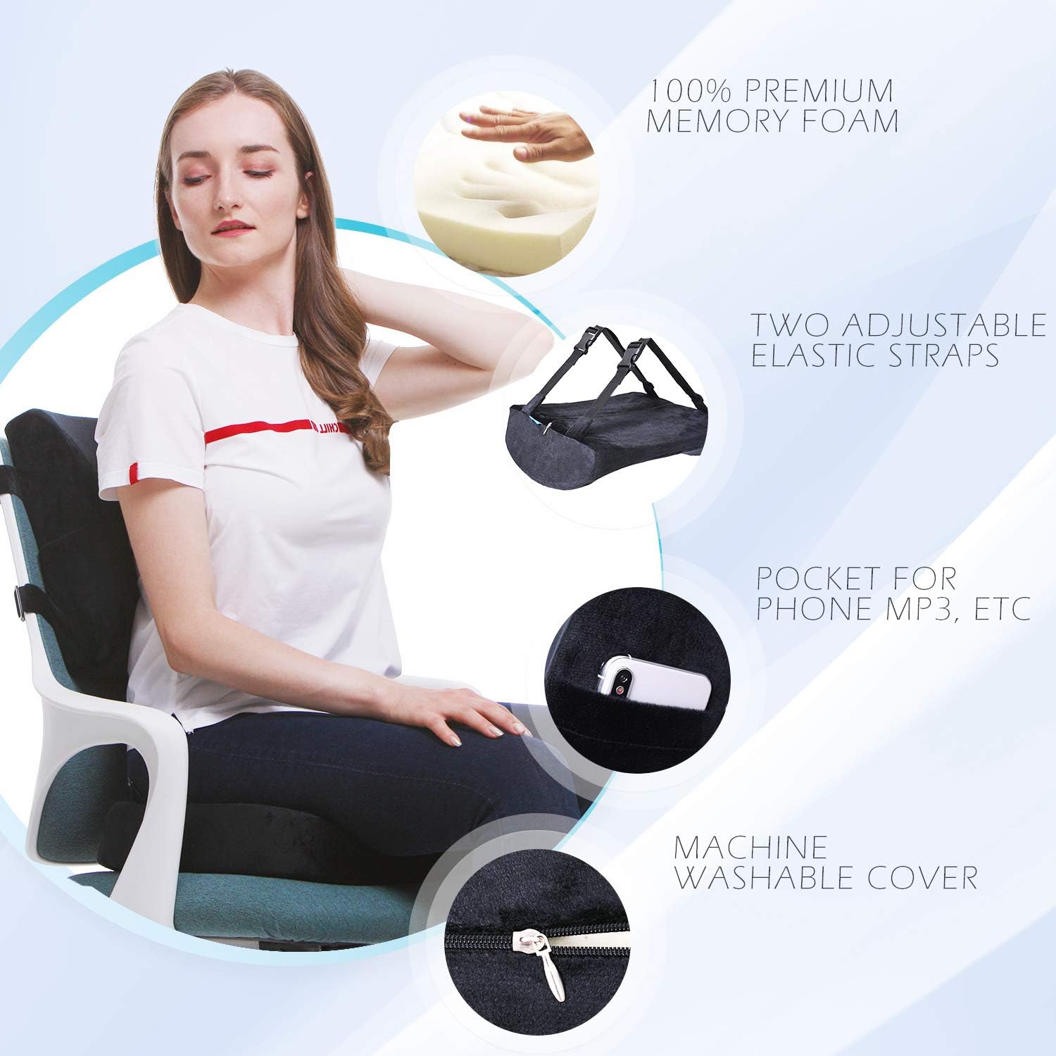 Coccyx Orthopedic Seat Cushion and Lumbar Support Pillow for Office Chair Memory Foam Car Seat Cushion with Washable Cover Ergonomic Desk Chair Cushion for Tailbone, Lower Back Pain, Sciatica Relief: Kitchen & Dining
