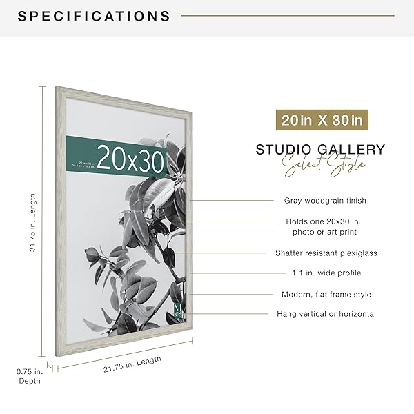 MCS STUDIO GALLERY 20X30 POSTER FRAME GRAY WOODGRAIN ENGINEERED WOOD, VERTICAL & HORIZONTAL WALL HANGING LARGE PICTURE FRAME FOR PHOTOS, POSTERS & ART PRINTS (1-PACK)