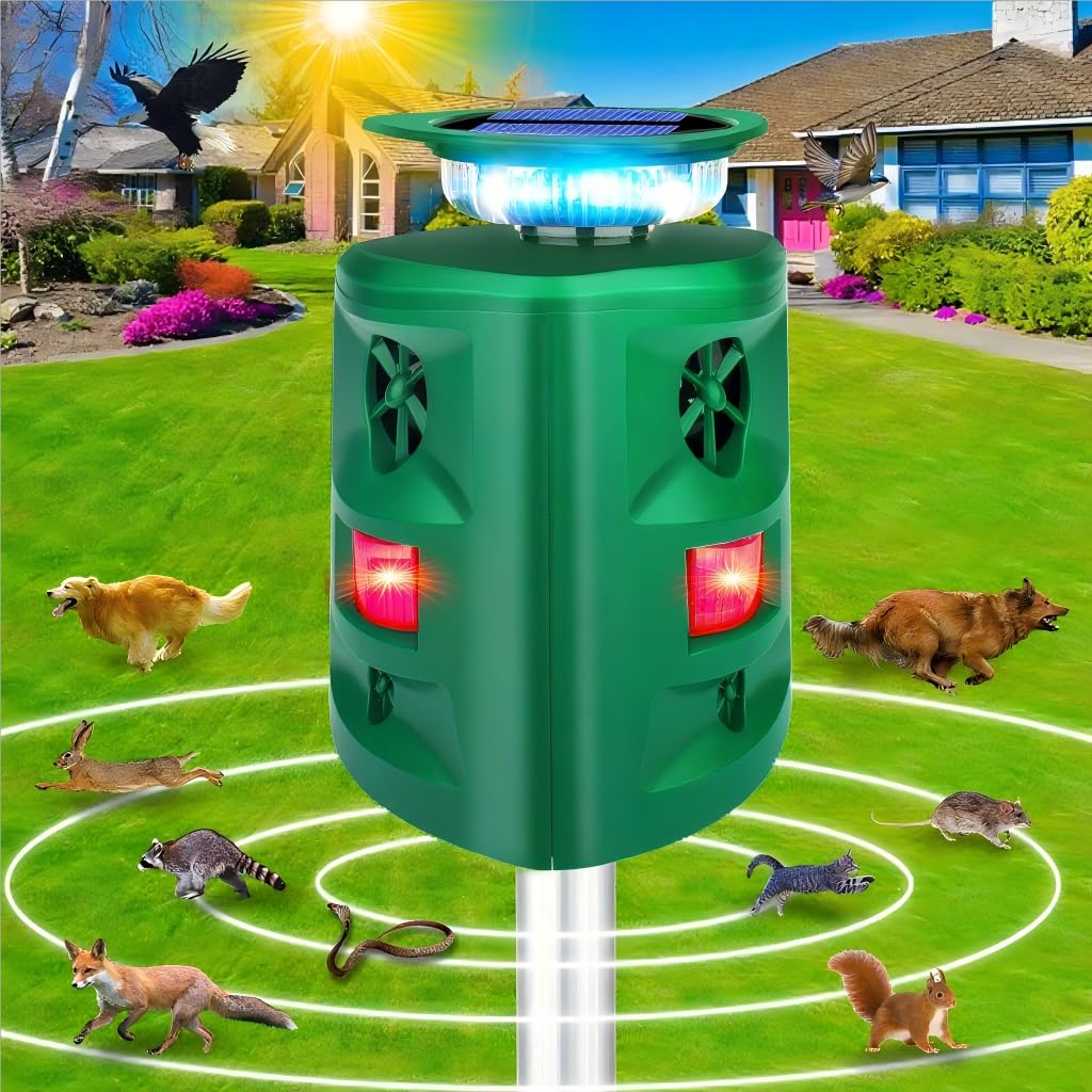 Photo 1 of 360°Solar Ultrasonic Animal Repellent, Deer Repellent Devices Cat Repellent Outdoor, Waterproof Squirrel Raccoon Rabbit Skunk Snake Coyote Dog & Bird Deterrent with Motion Sensor & Flashing Light