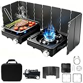 2 Burner Camp Stove 24000 BTU, Portable Propane Camping Stove with Windshield, Foldable Gas Stove with Adjustable Burners, Carry Bag, Camping Cooking Set for RV, Tailgating, Survival, Black