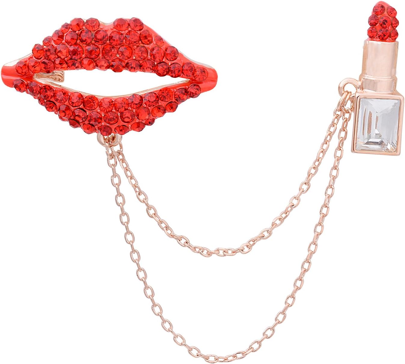 Antique Red Crystal Sexy Lips Lipstick Makeup Cosmetics Enamel Brooch Pins with Golden Chain