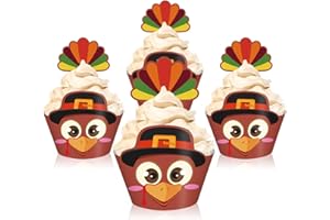 AnyDesign 48Pcs Thanksgiving Cupcake Wrappers and Cake Toppers Set Turkey Feather Cupcake Picks Turkey Cupcake Liners Cute Cupcake Holders for Fall Thanksgiving Party Supplies Dessert Decoration
