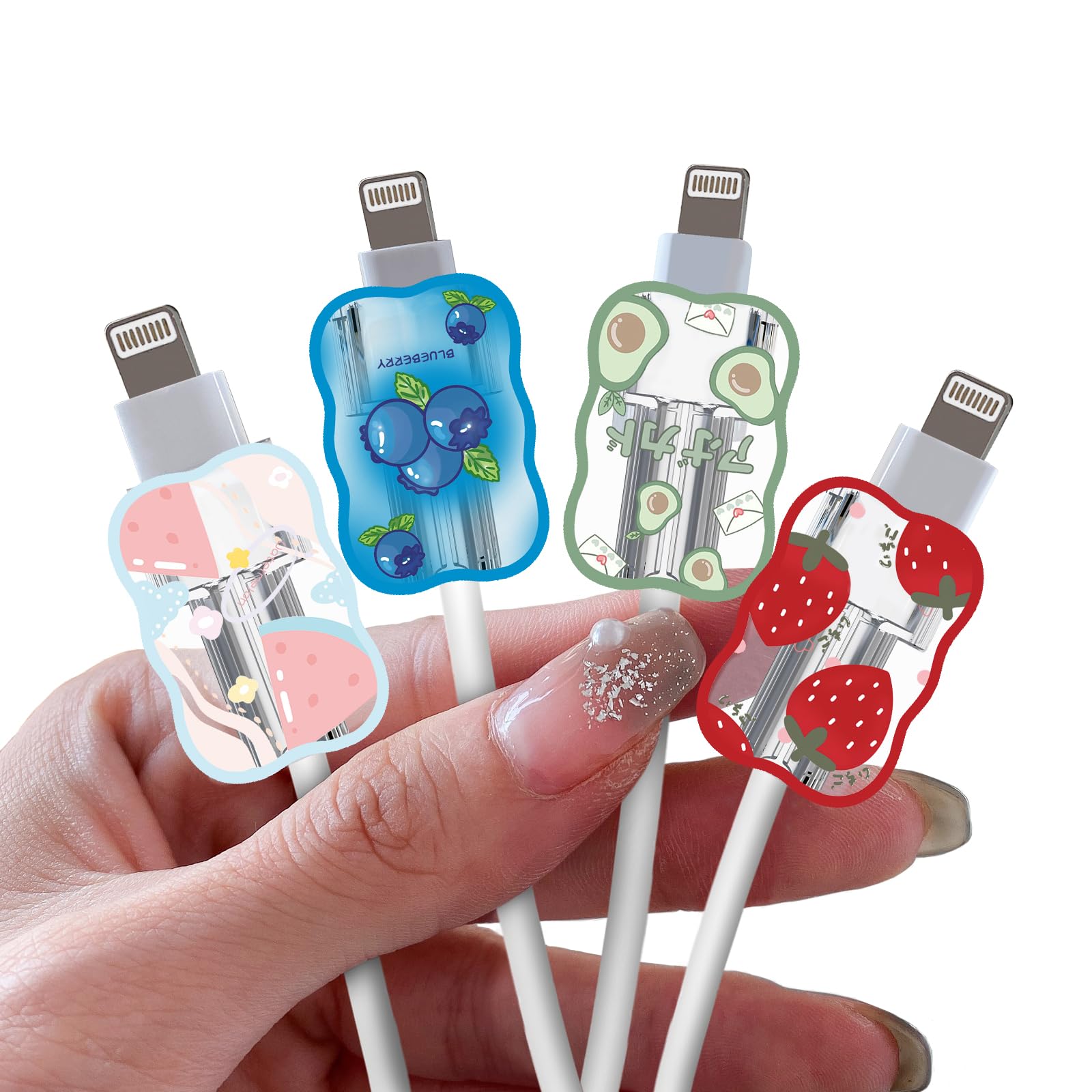 DiyGody Cute Wave Cable Protector for iPhone Type-C - Strawberry Blueberry Kiwi Fruits Pattern 4 PCS Set for Women Girls - Charging Cord Saver, Cable Chomper