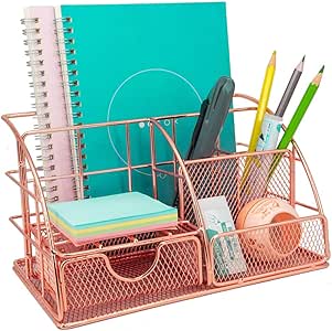 Organizador de escritorio de oro rosa con cajón, organizador de