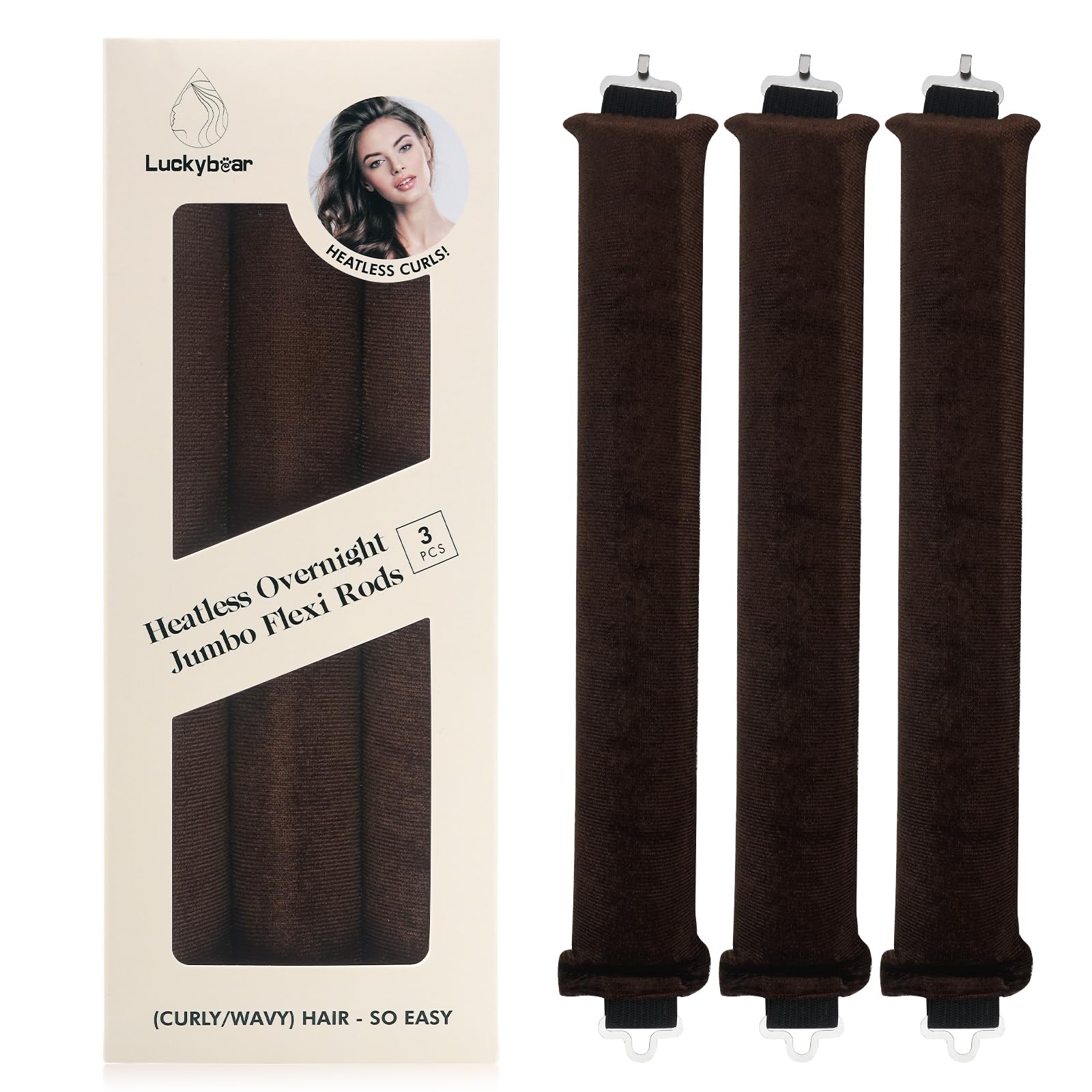 Photo 1 of Luckybear Overnight Heatless Hair Curler Jumbo, 3pcs Satin Flexi Rods for All Hair Types, Heatless Overnight Curls Styling Tools, Soft Velvet Satin Brown