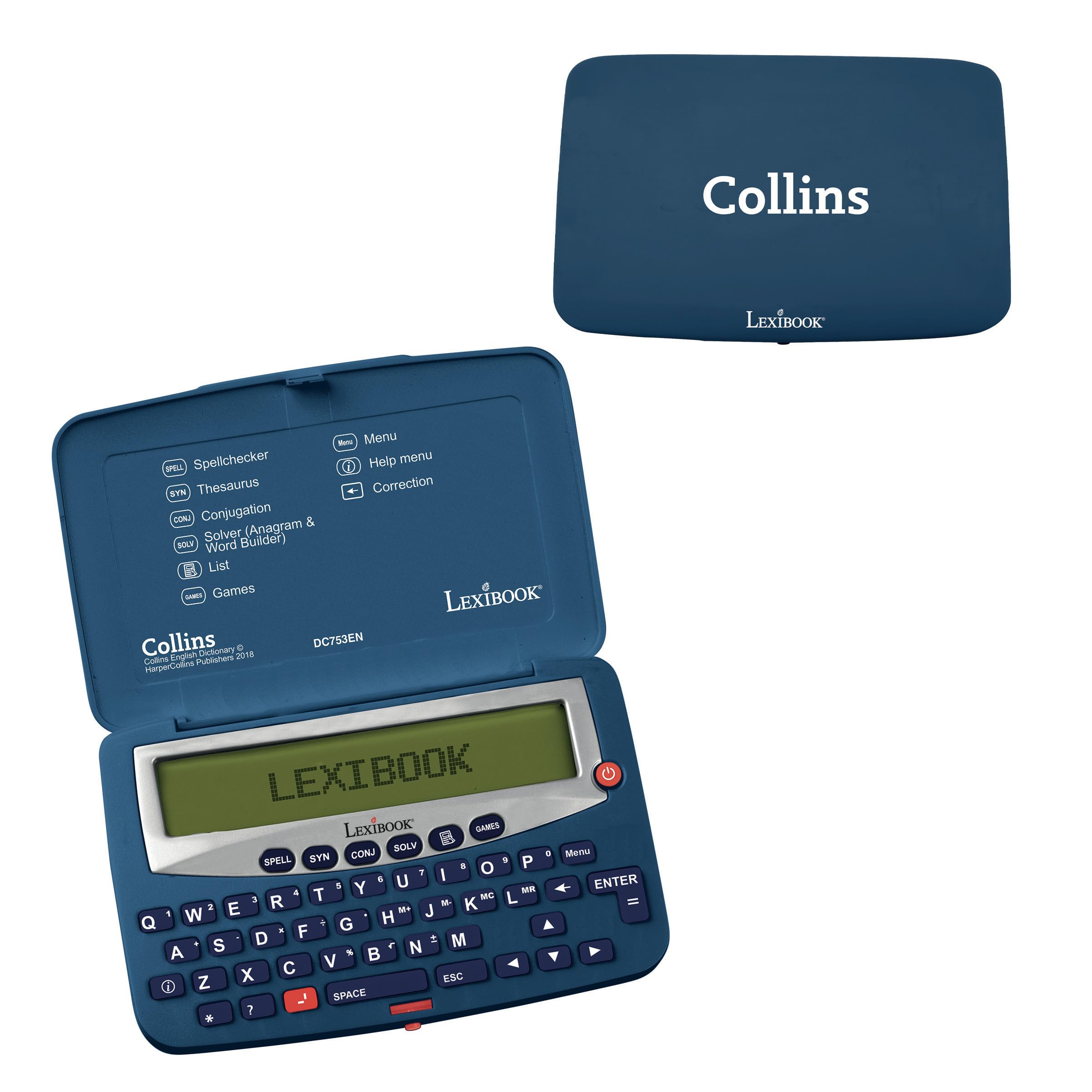 LEXIBOOK, The Collins English Dictionary, 13th Edition-Electronic Pocket Spellchecker, Thesaurus, Crossword, Conjugation, Anagram Solver, Words Games, with Battery, Blue/White, DC753EN