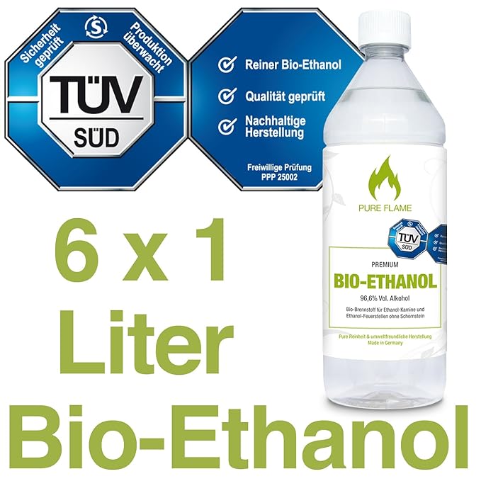 6 x 1L Bioethanol 96,6% - 6 Liter in 1L Flaschen zum handlichen & sicheren Gebrauch - TÜV geprüfte Reinheit, Qualität, Sicher