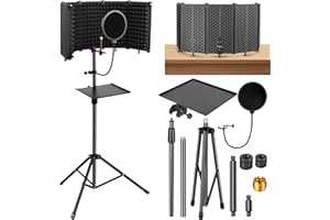 RAMZI Microphone Stand With Isolation Shield,Recording Studio Equipment With Pop Filter,Tripod Stand, Foldable Mic Shield With Sound Insulation For Recording Studio, Podcasts,Broadcasting