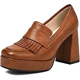 Alsoloveu Women's Platform High Heel Loafers Square Toe Chunky Heels Slip On Pump Shoes with Tassel Decor