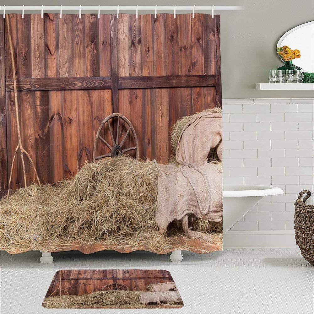 KISSENSU Badezimmer-Vorhang-Set,Rustikales Hay Bale Wood Western Barn