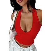 YFANG Women's Sexy Halter Deep V Neck Crop Tank Top Backless Sleeveless Slim Fitted Going Out Summer Top