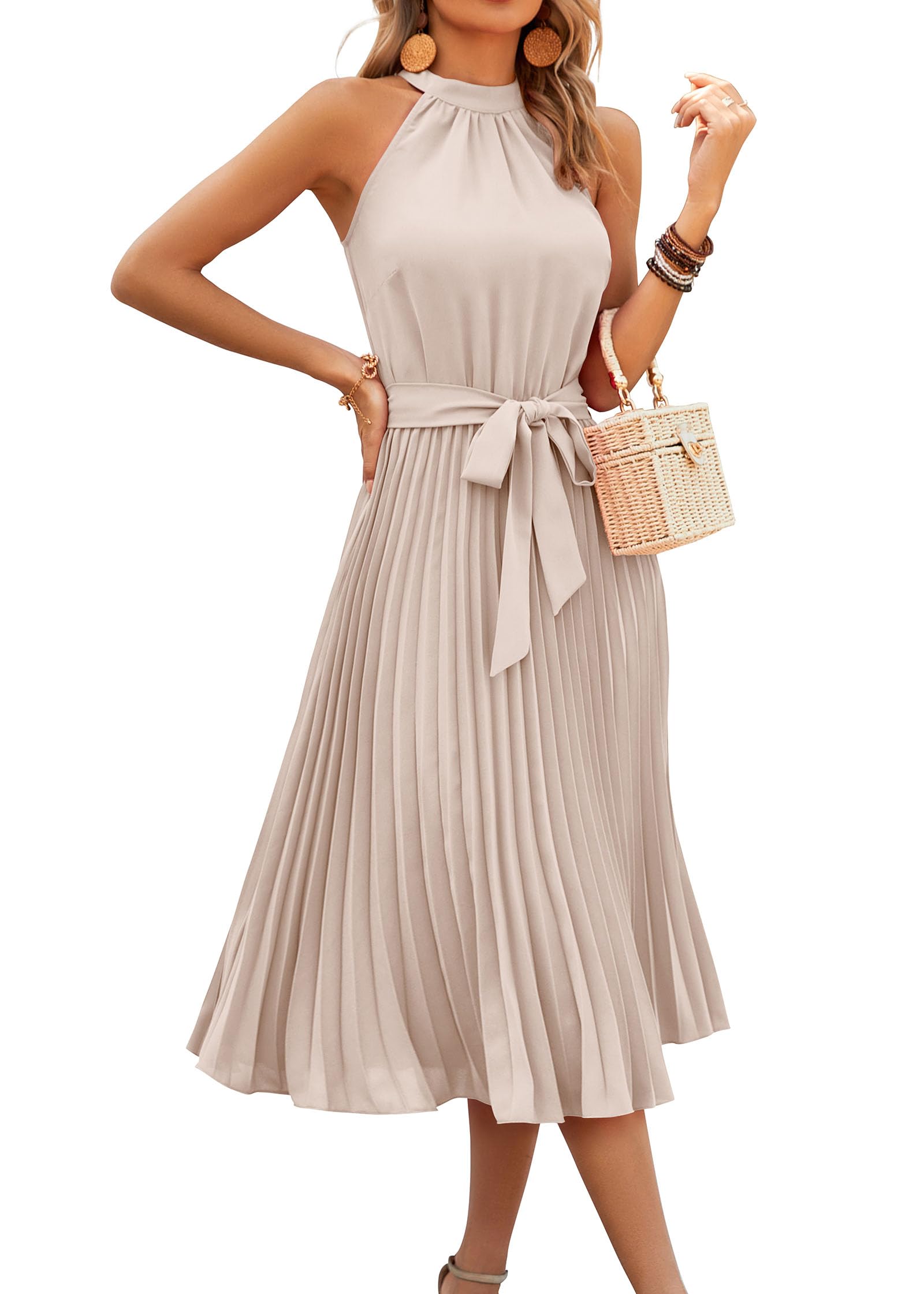 Photo 1 of KIRUNDO Women's 2025 Summer Sleeveless Halter Neck Pleated Midi Cocktail Dresses A Line Flowy Beach Sun Dress with Belt(Beige, Medium)