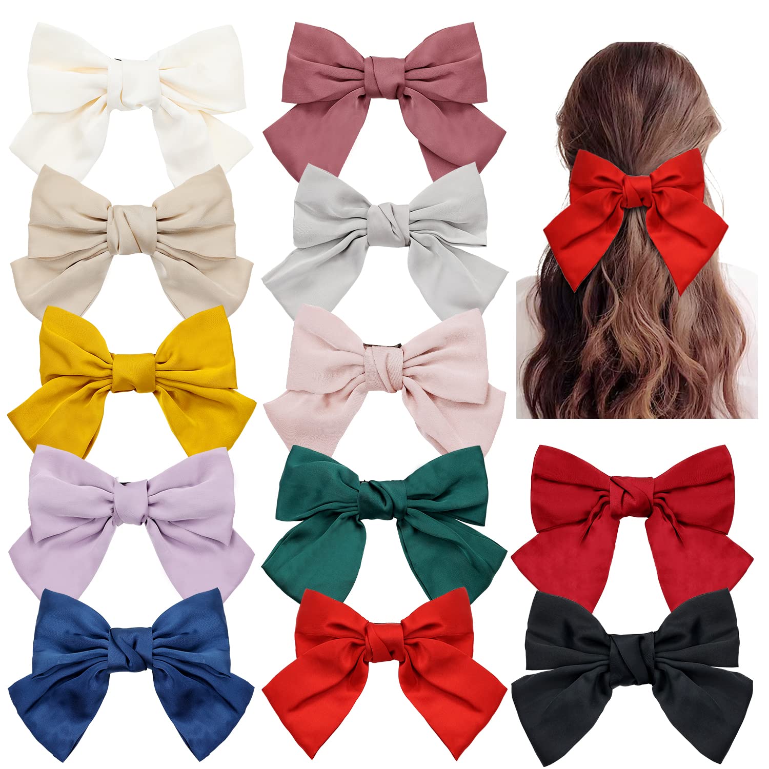 12 Pack Large Big Oversized Knot Bowknot Satin Hair Bows French Barrettes Hair Clips Bun Ponytail Holder Hair Ribbon Accessories for Women Girl