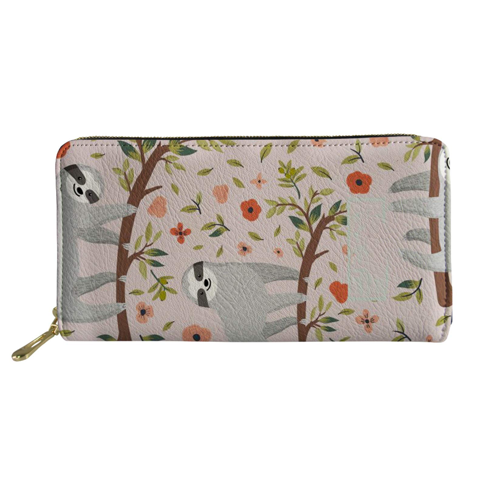 Coloranimal Kawaii Animal Sloth Pattern Long Leather Wallets Credit Cards Phone Slim Wallet Zip Around Clutch Bag for Teenager Girls Boys Unisex