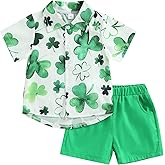 KtwHarnu Toddler Baby Boy St Patricks Day Outfit Clover Print Short Sleeve Button Down Shirt Shorts Set 2Pcs Outfits