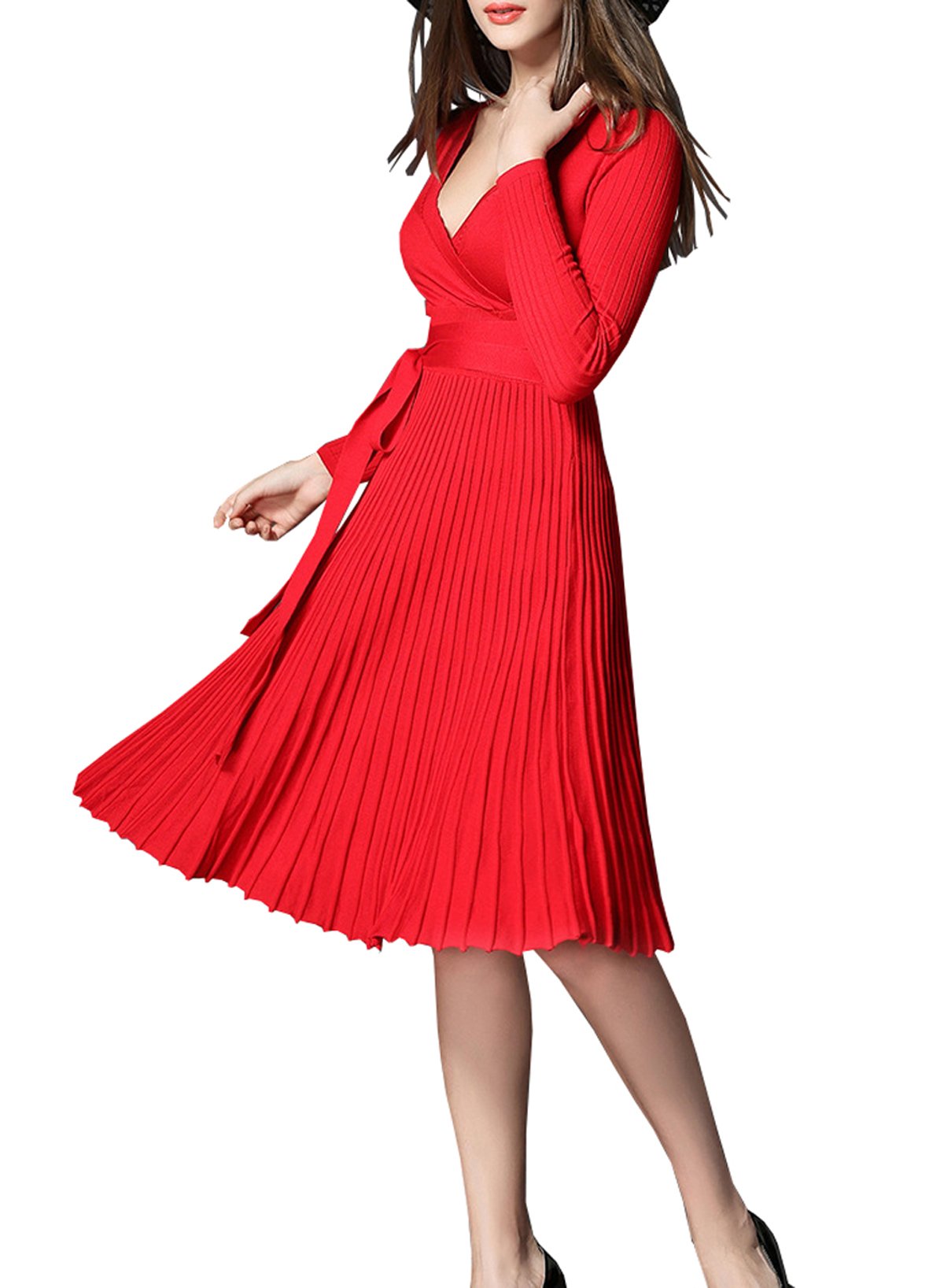 Women's Autumn Long Sleeve V Neck Elegant Knitted Slim Knee-Length A-Line Sweater Dress