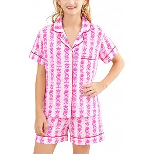Zuafy Pajama Set 2 Piece Short Sleeve Cute Summer Holiday Sleepwear | Kids Y2k Tree PJs, Lightweight Soft Fabric, Button Down