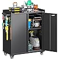 Aobabo 31.5" H Metal Garage Storage Cabinet with Wheels, Locking Steel Tool Storage Cabinet with 1 Shelves 2 Side Pegboards and 4 Hooks,Assembly Required, Black