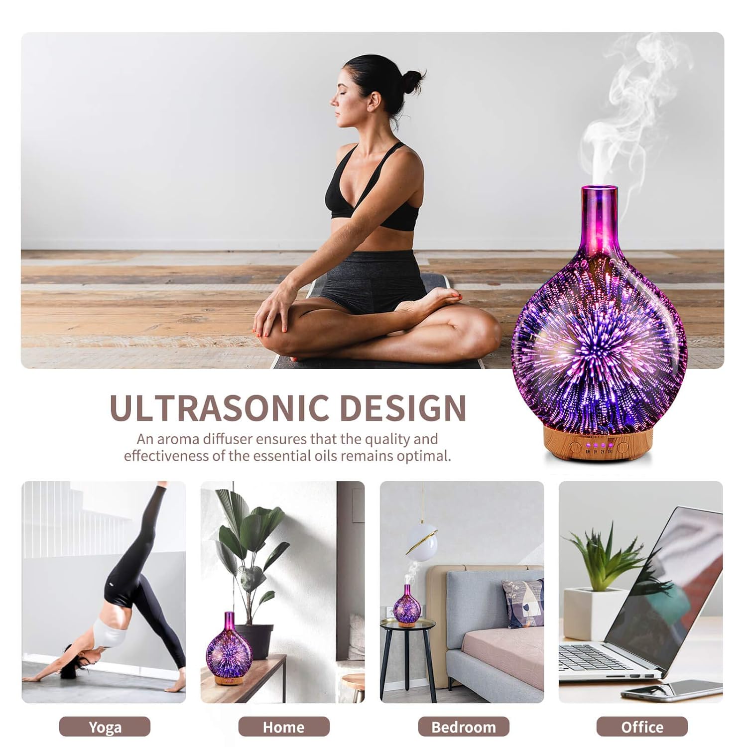 Rose Gold Essential Oil Diffuser 3D Glass Aromatherapy Ultrasonic Humidifier,Waterless Auto-Off,Timer Setting, BPA Free,air Refresh for Home Hotel Yoga Leisure SPA Gift 100ml: Home & Kitchen