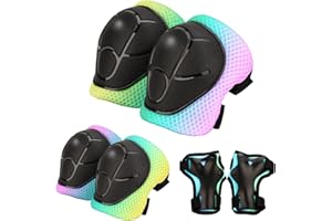 ZLEIOUY Kids Protective Gear Set - Knee Pads Elbow Pads with Wrist Guards for Ages 3-12 | 3-in-1 Safety Protective Gear for Skating, Cycling, Biking, Roller Skates, Scooters (Yellow blue pink, ‎M(8-12Years))