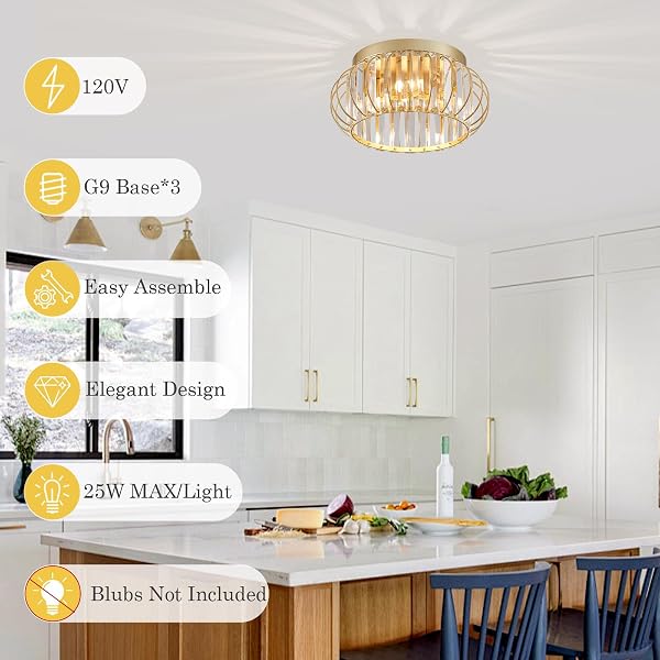 CABVOPE 3-LIGHT MODERN CRYSTAL CHANDELIER GOLD FLUSH MOUNT CEILING LIGHT FIXTURES FOR HALLWAY FOYER BEDROOM KITCHEN DINING ROOM LIVING ROOM, METAL INDOOR CLOSE TO CEILING LAMP