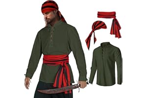 HSDOU Mens Pirate 3 Pcs Costume Set Renaissance Pirate Shirt Medieval Costume Viking