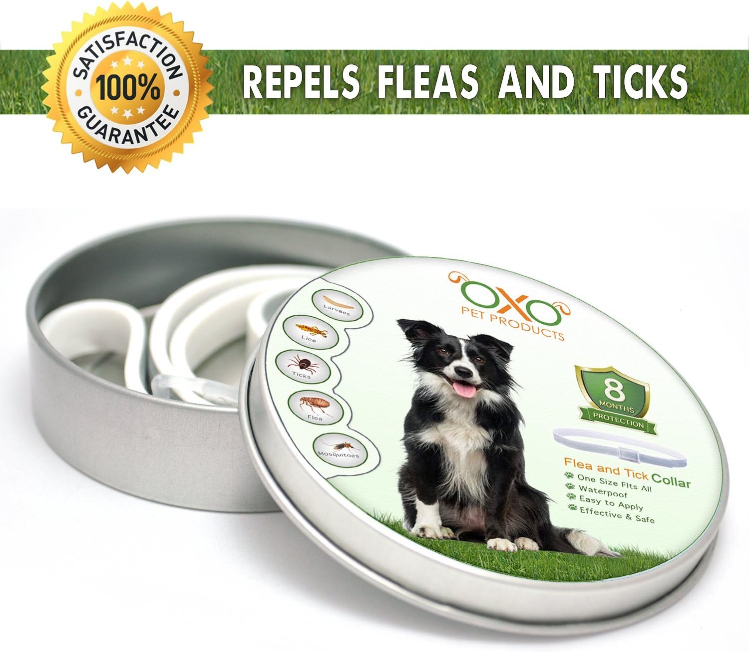 OXO PET PRODUCTS Tick and Flea Collar For Dogs. Natural Repellent With Essential Oils."8 Months Protection".BEST Natural Pest Solution For Dogs Of All Sizes and Ages. Waterproof, 25"
