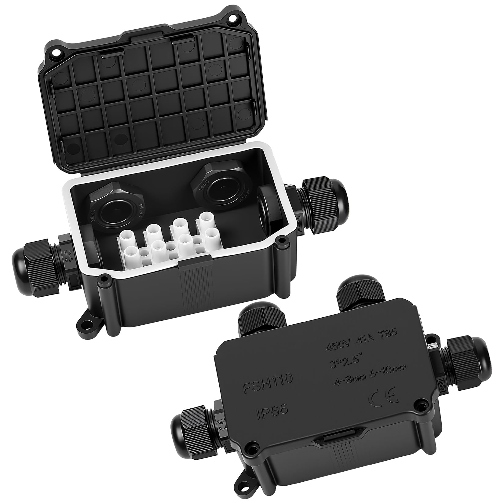 2 Pcs IP66 Waterproof Junction Box, 4-Way Outdoor Electrical Cable Wire Connectors, Black Extension Cable Connectors Junction Boxes with PG9 Glands for Ø4mm-8mm Ø6mm-10mm Cable Cord