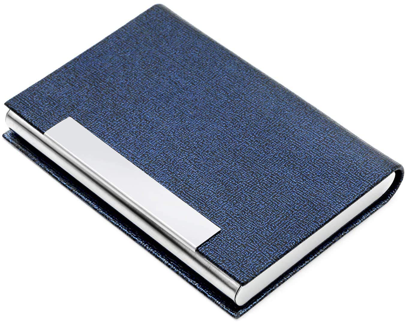 AYCLIF Business Card Holder Professional PU Leather Metal Name Card Holder for Men and Women with Magnetic Closure Blue