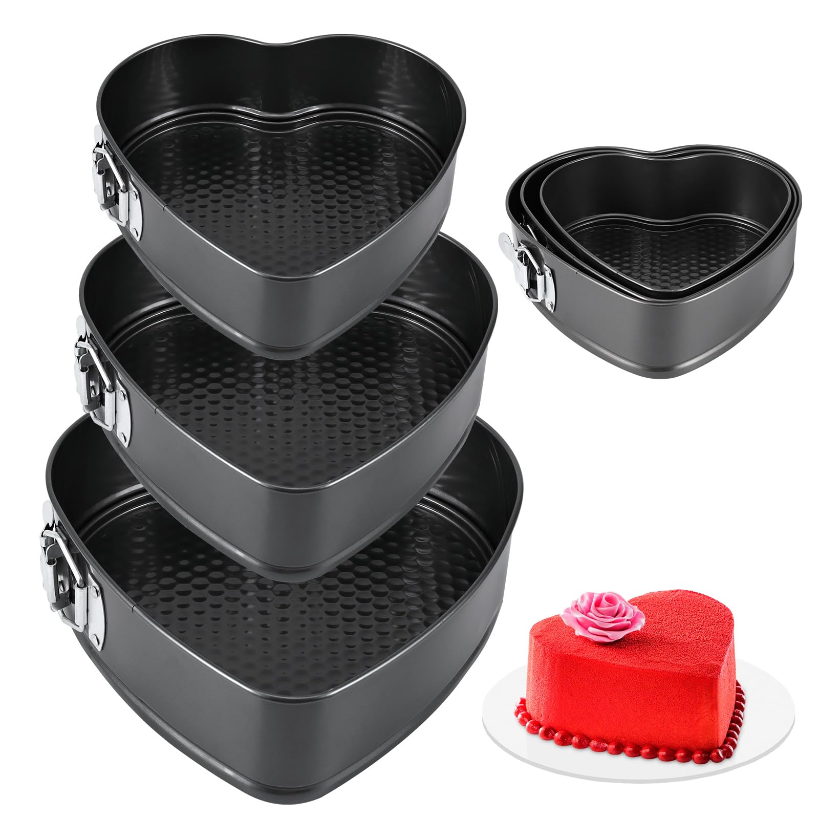 PCXWTLN Cake Tin Set, 3Pack Heart Shaped Cake Tins for Cheesecake Non Stick Baking Tins Even Heat Distribution Cheesecake Tin for Kitchen Home Restaurants Baking, Black