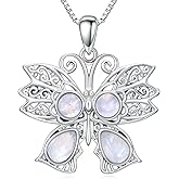MILKYX Rainbow Genuine Moonstone Butterfly Pendant Necklace Sterling Silver Natural Gemstone June Birthstone Jewelry for Women Girlfriend Lover