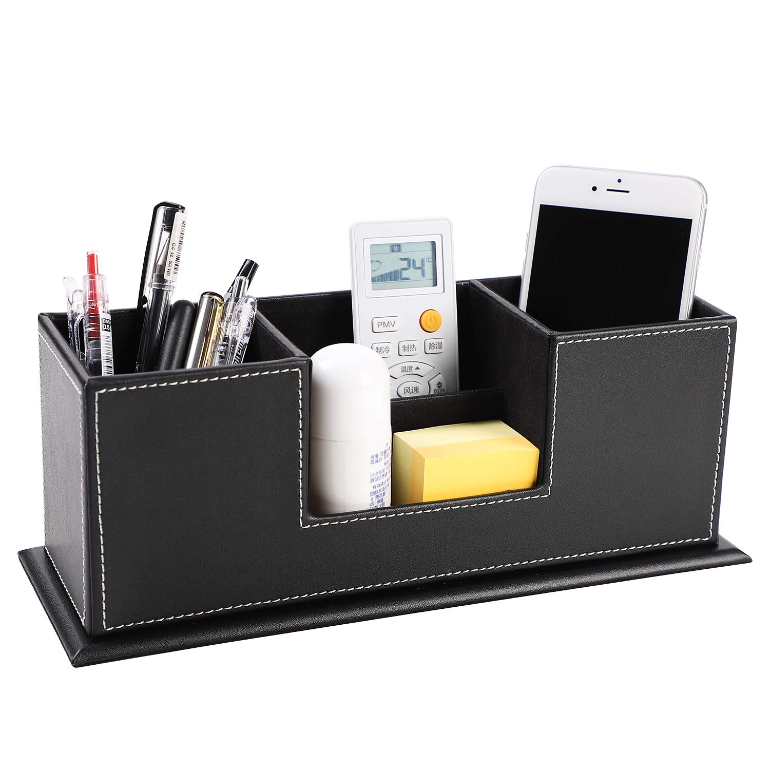Leather Pen Holder Desk Organiser Multifunction Pen Pot Remote Control Holder Stand and Business Cards Holder Office Supplies Storage Box Caddy Anti-Slip Base for School Home
