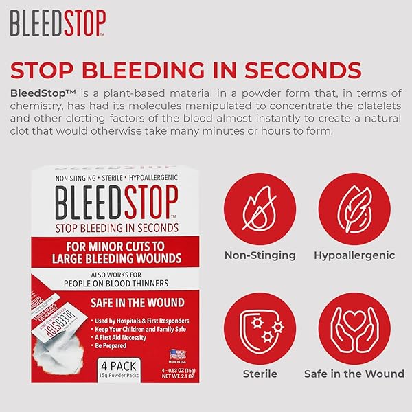 BLEEDSTOP™ FIRST AID POWDER FOR BLOOD CLOTTING, TRAUMA KIT, BLOOD THINNER PATIENTS, CAMPING SAFETY, AND SURVIVAL EQUIPMENT FOR MODERATE TO SEVERE BLEEDING WOUNDS OR NOSEBLEEDS – 4 (15G) POUCHES