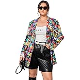 WDIRARA Women's Graphic Print Long Sleeve Single Button Front Open Front Blazer Stand Collar Jacket Waistcoat