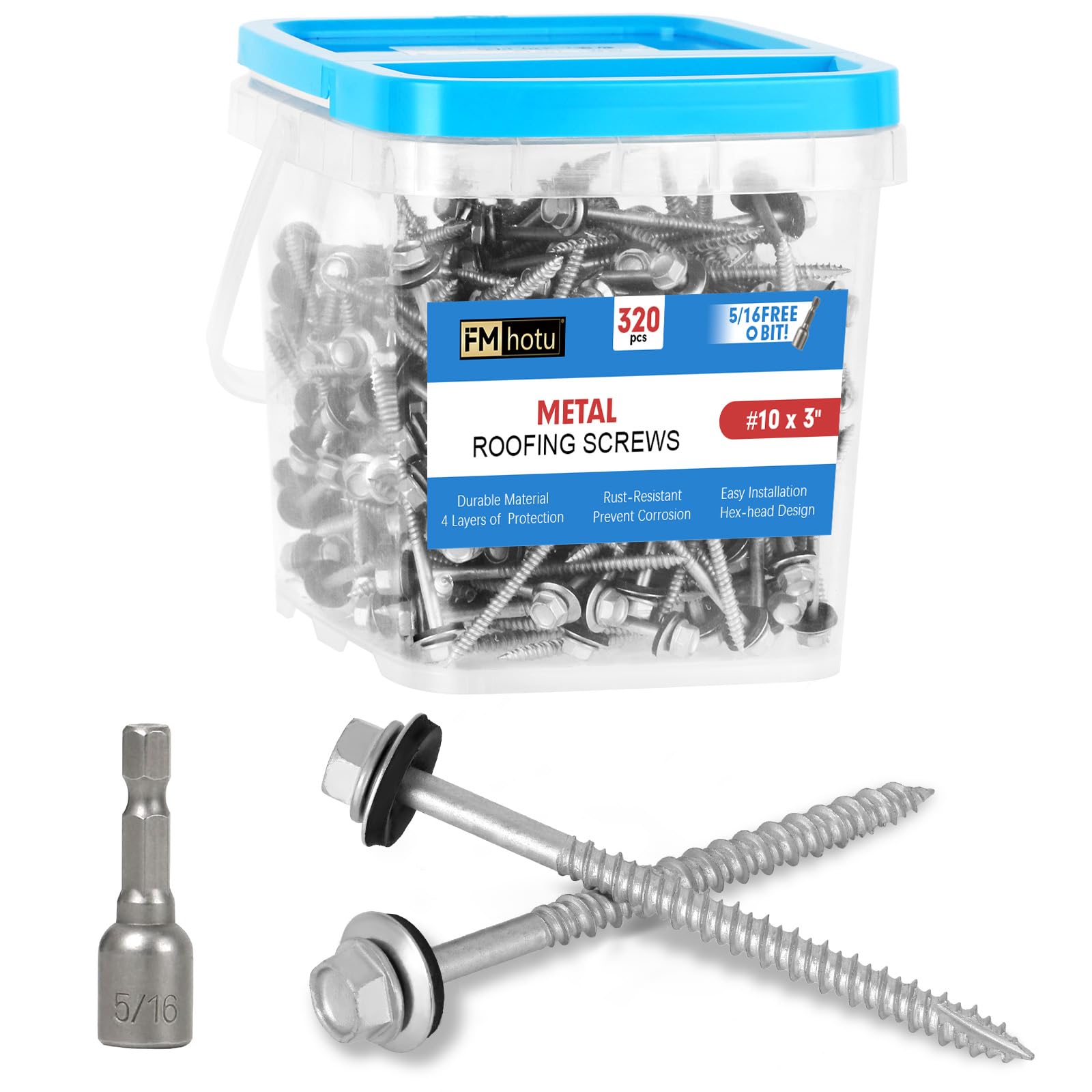 Photo 1 of FMhotu Metal Roofing Screws #10×3Inch, 320-PCS, Hex Head Rustpert Coating Sheet Metal to Wood Siding Screw with EPDM Rubber Washer, Sharp Point, Hex Socket Included