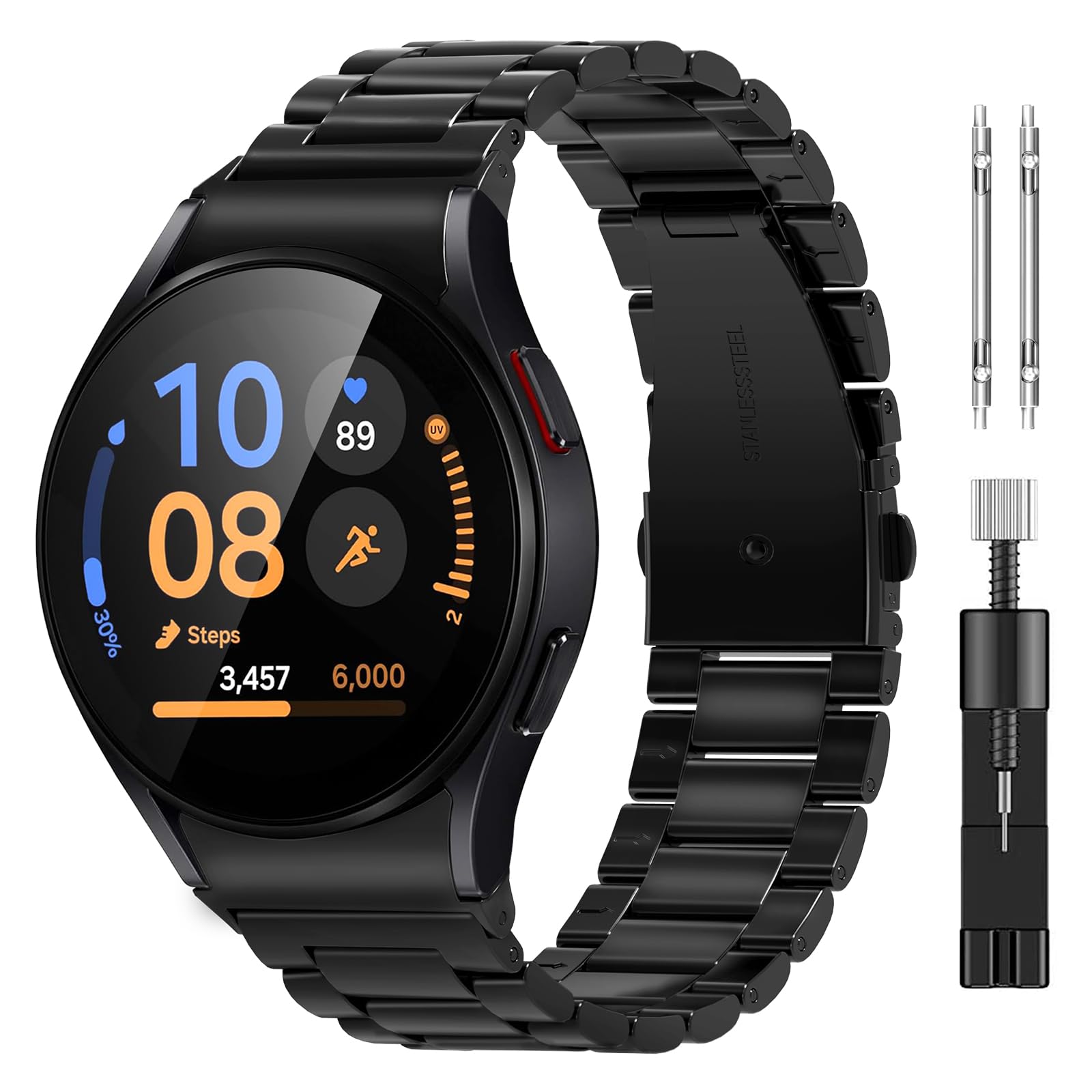 Diruite WatchBand for Samsung Galaxy Watch 7/6/5/4 40mm 44mm/FE 40mm Strap,Stainless Steel Watch Straps for Samsung Galaxy Watch 7/6/5/4 40mm 44mm/FE 40mm Metal Replacement Band Deep Black