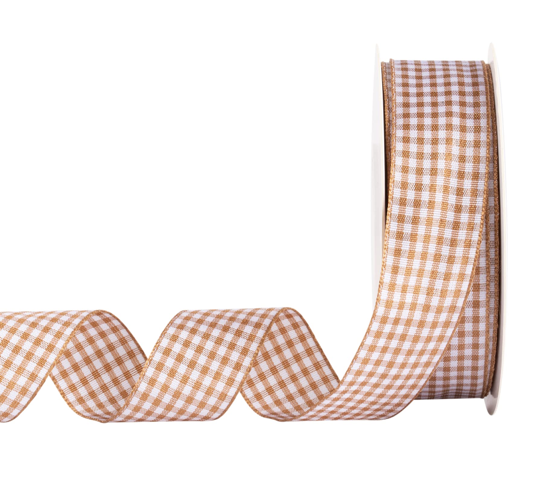 AVANAVA Gingham Ribbon - 25mm Plaid Check Woven Ribbon for Crafts, Gifting & Wedding (22 Meters-Roll, Old Gold)